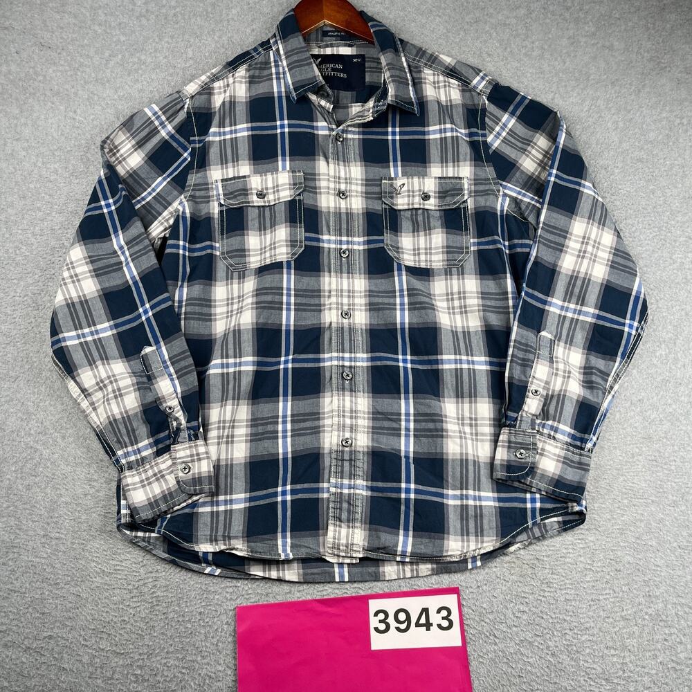 American Eagle Shirt Navy Plaid Athletic Fit Button Up Long Sleeve Mens Large